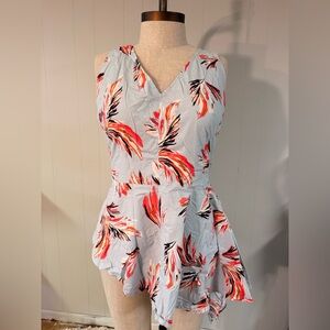 Lane Bryant V-Neck Top with Asymmetrical Red and Black Floral Design